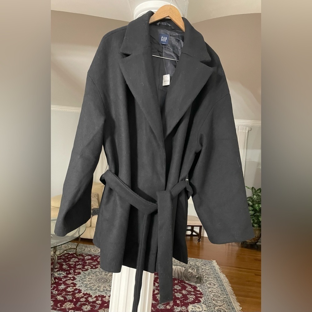 Gap women’s black 50% wool Wrap Coat with belt, size X-large tall